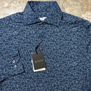 Bugatchi Shirt Mens Medium Blue OoohCotton 8 Way Stretch Long Sleeve Button NEW